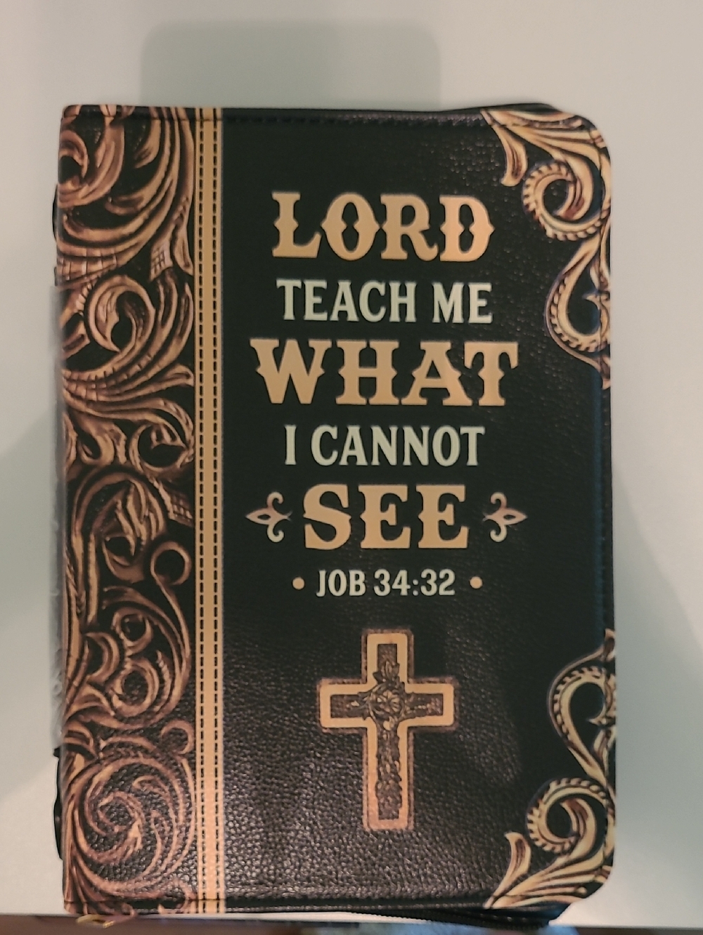 Religious Bible Cover with Gold Script and Cross